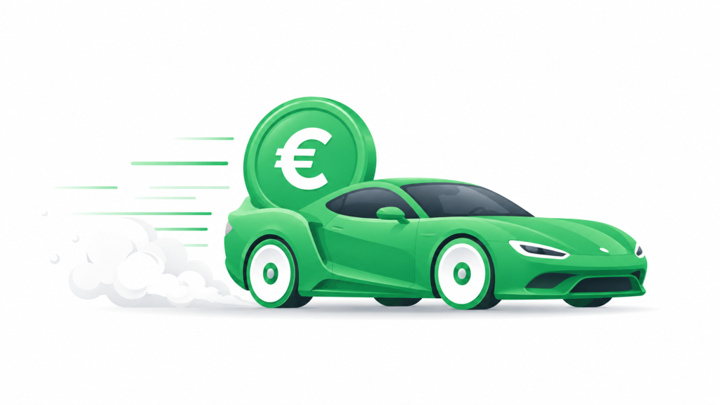 Roheline sportauto suure euromündiga sõidab kiiresti paremale, sümboliseerides kiireid finantsteenuseid.